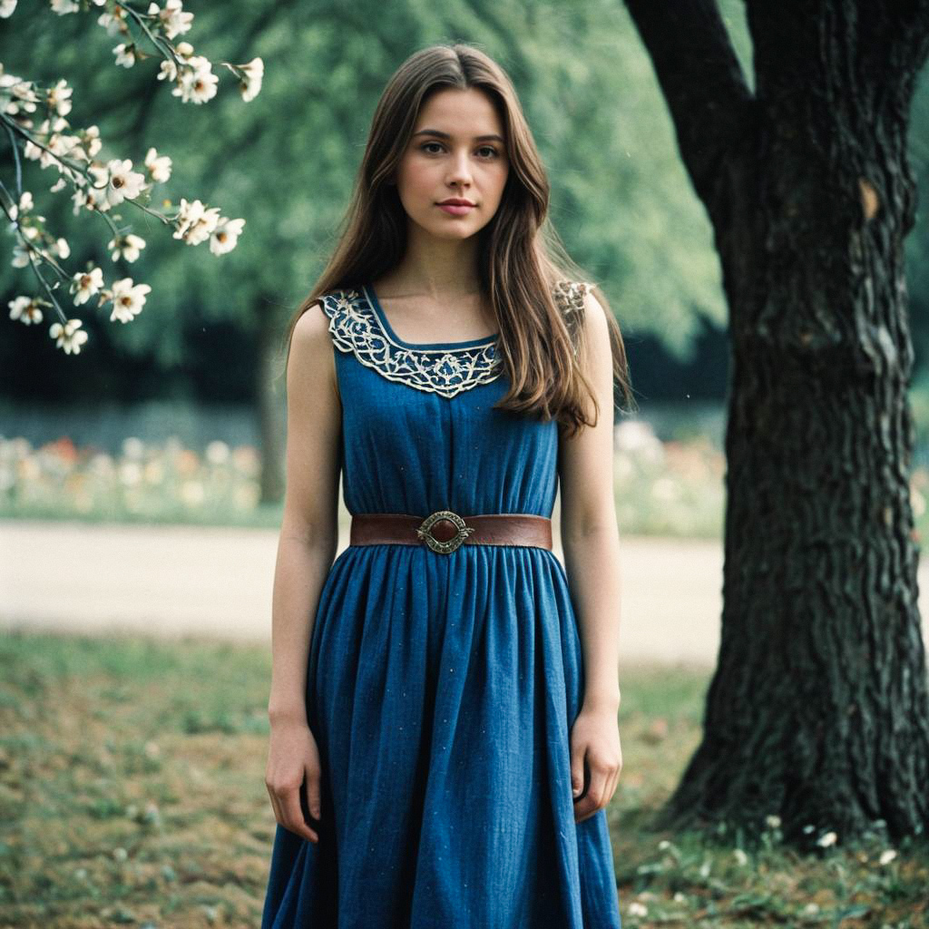 Young Woman in Blue Dress by Blossoming Tree