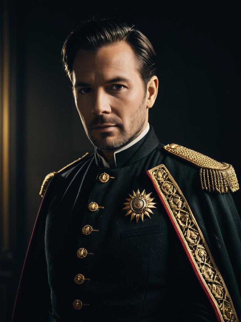 Photorealistic Portrait of Man in Ornate Grant Costume with Gold Embellishments