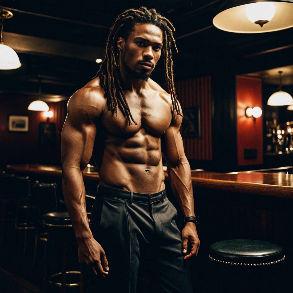 Muscular Man with Dreadlocks in Bar