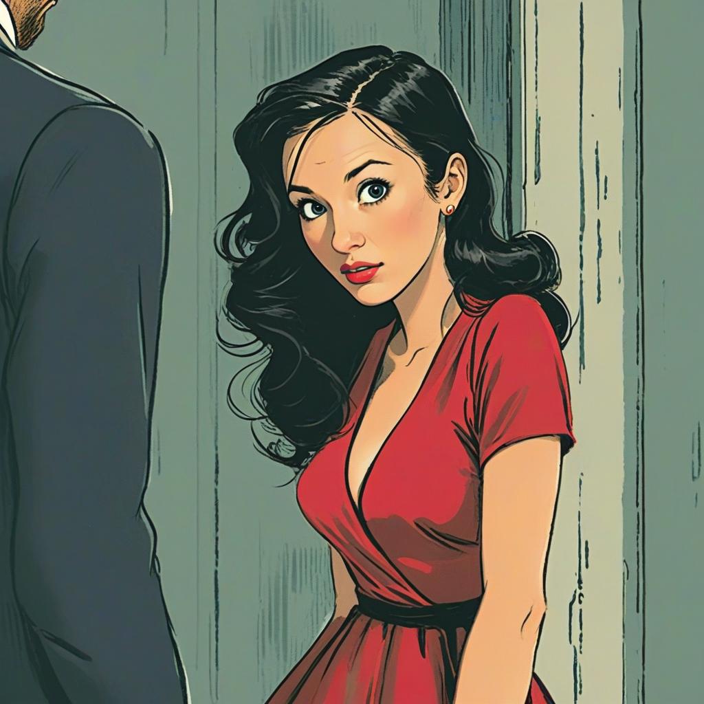 Comic Style Illustration of Woman in Red Dress with Expressive Eyes