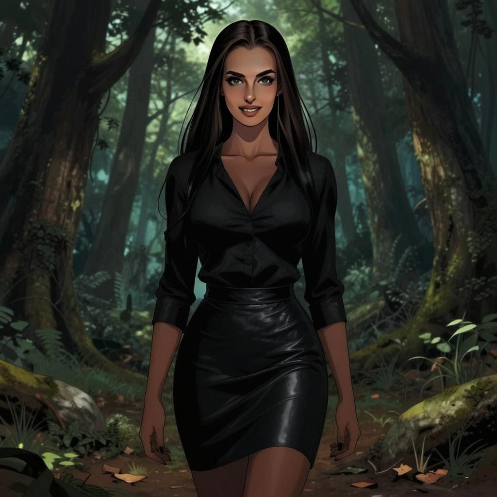 Confident Woman in Black Leather Skirt Walking in Forest - Digital Art Illustration