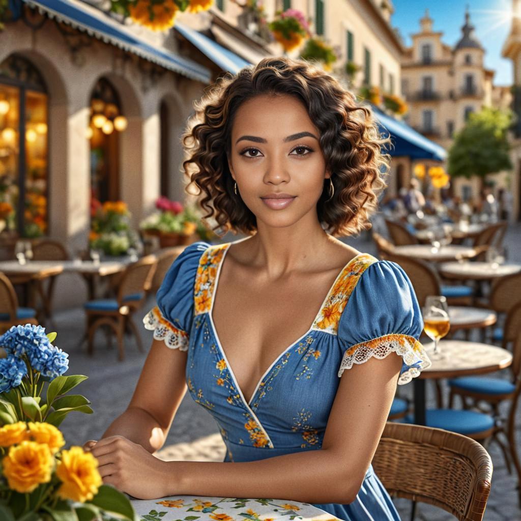 Stylish Woman in Vintage Denim Dress at Outdoor Café