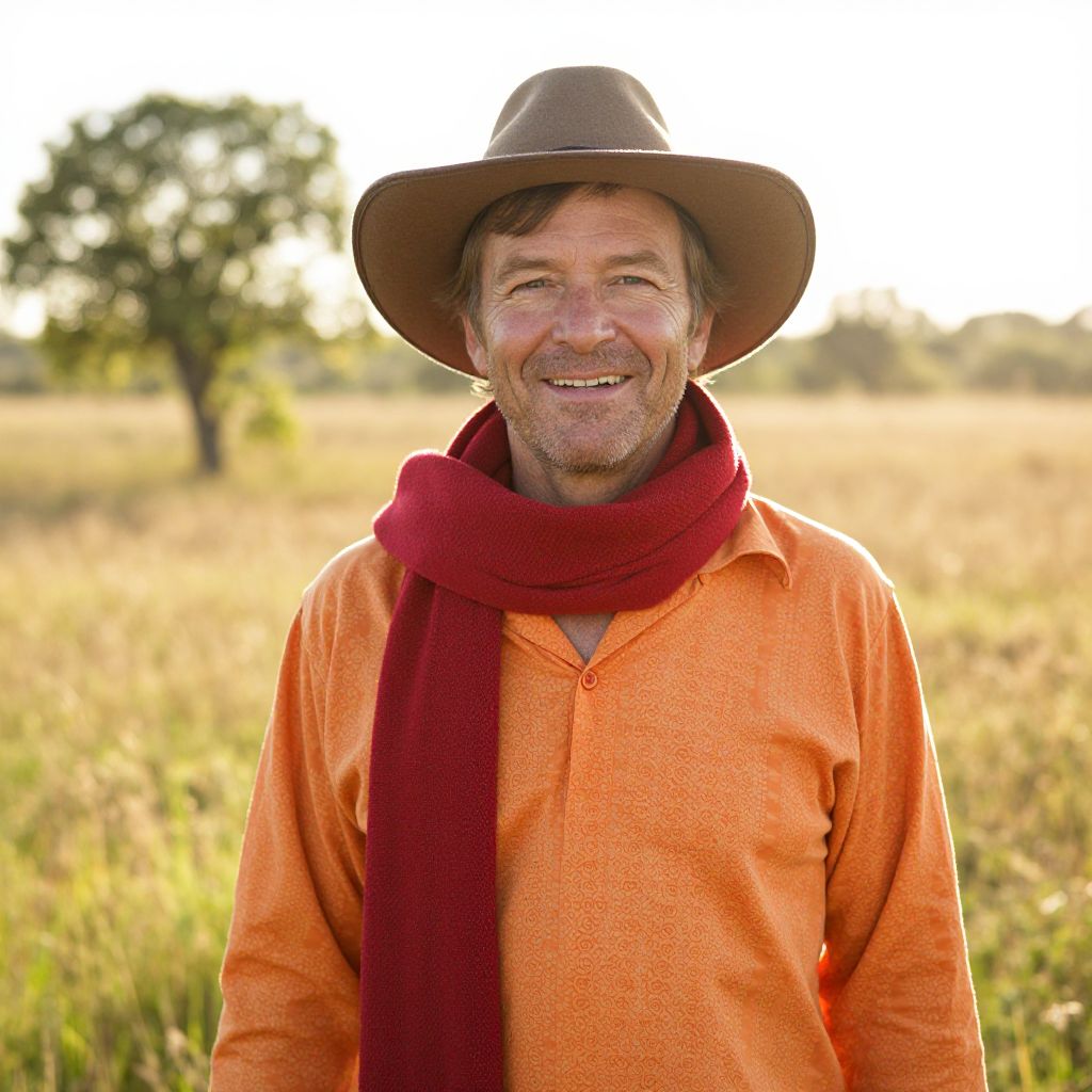Middle-aged Man in Brown Hat and Red Scarf Standing in Sunny Field
