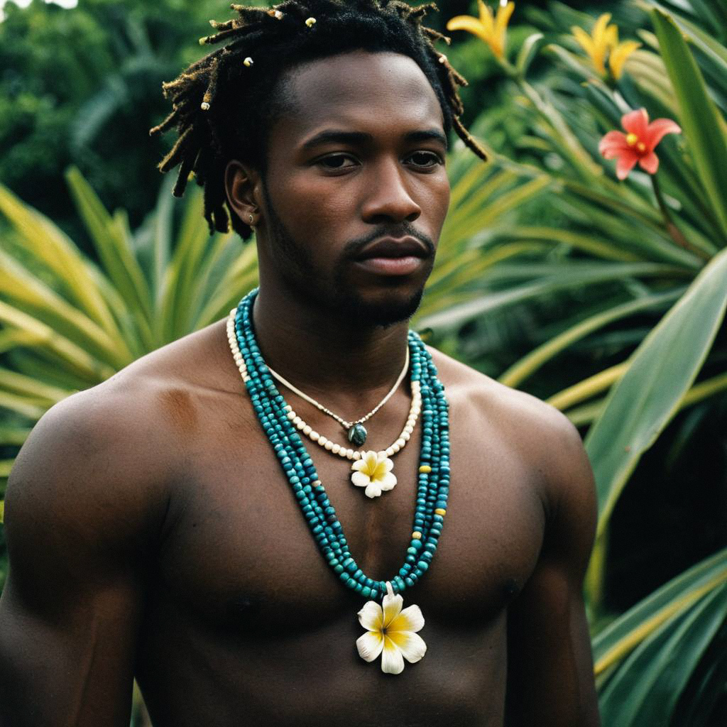 Dark-skinned man with dreadlocks in tropical foliage