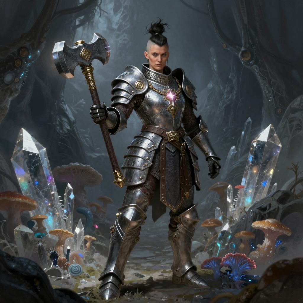 Gen Z Female Warrior in Fantasy Armor with War Hammer Among Glowing Crystals