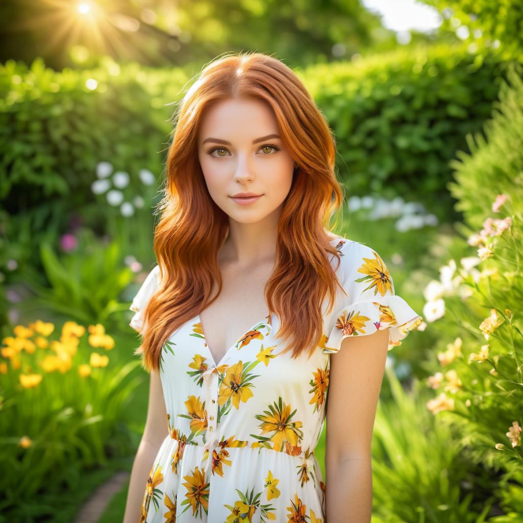 Young Woman in Floral Dress in Vibrant Garden