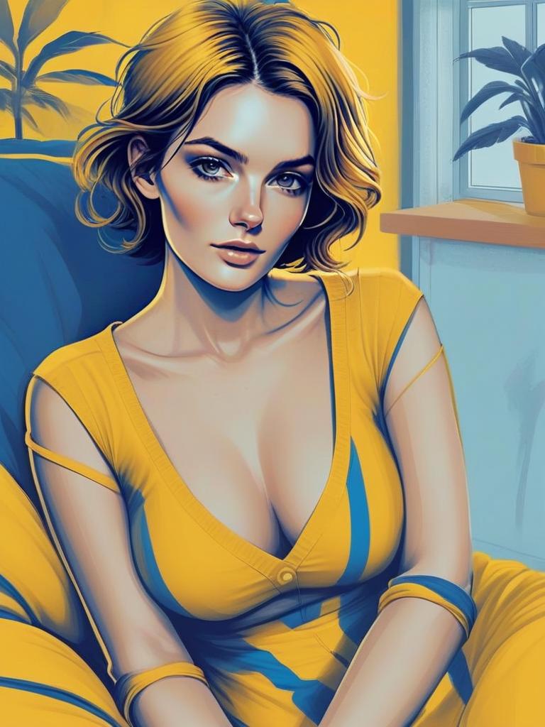Portrait of a Woman with Blond Hair in Yellow Outfit