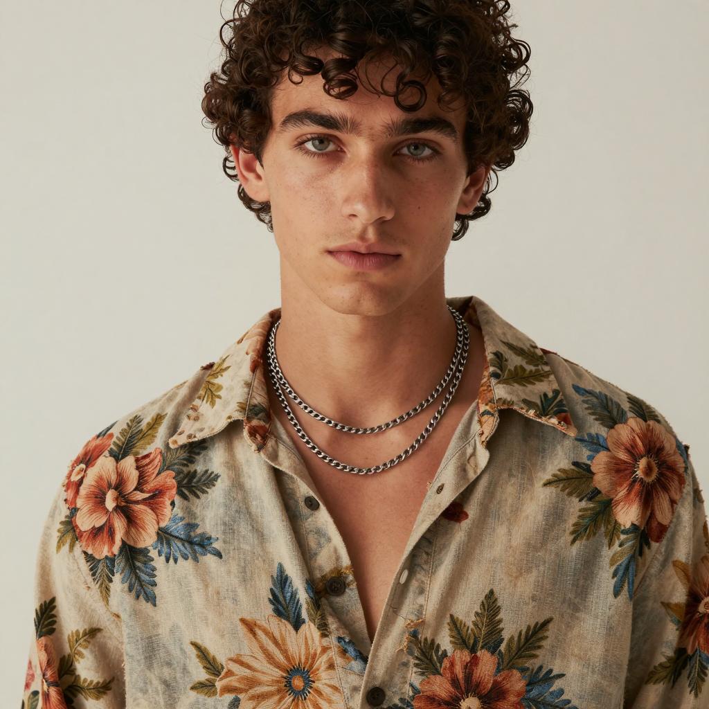 Young Man Wearing Floral Shirt and Silver Chains Casual Gen Z Style
