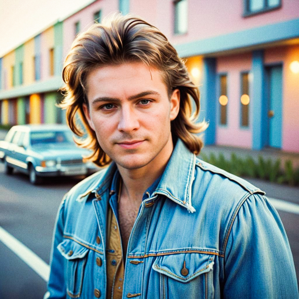 Stylish Young Man in Denim Jacket in Retro Street Scene