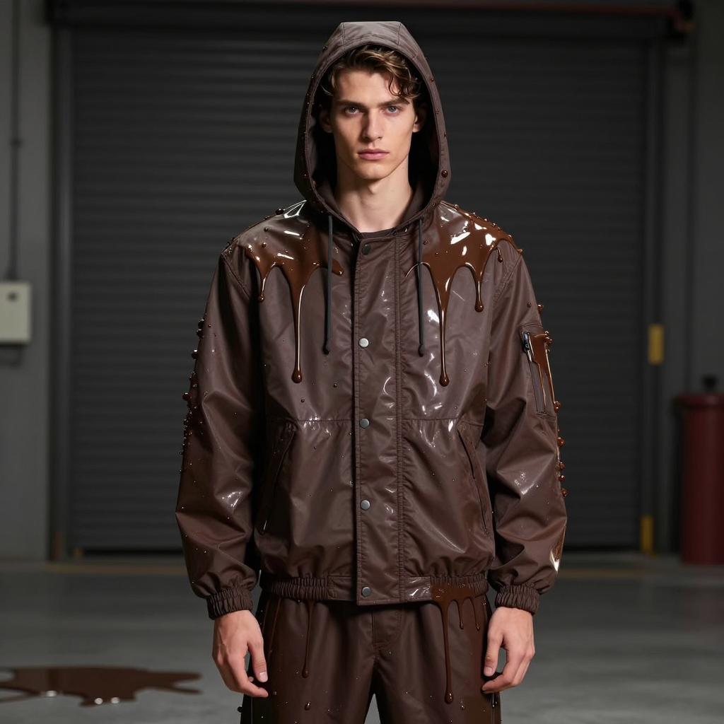 Young Man in Glossy Chocolate Drip Hooded Jacket and Pants Urban Streetwear