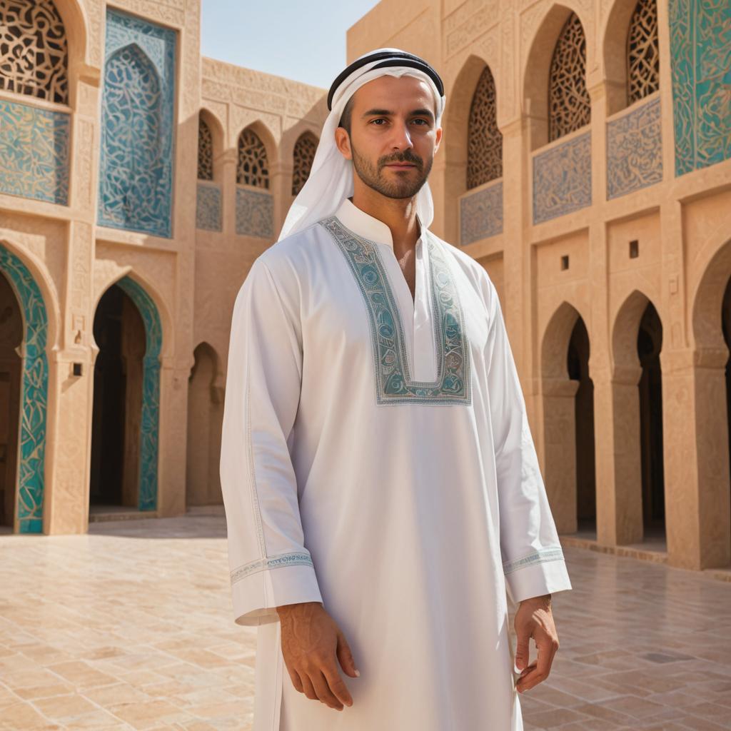 Man in Traditional Emirati Attire in Ornate Middle Eastern Setting