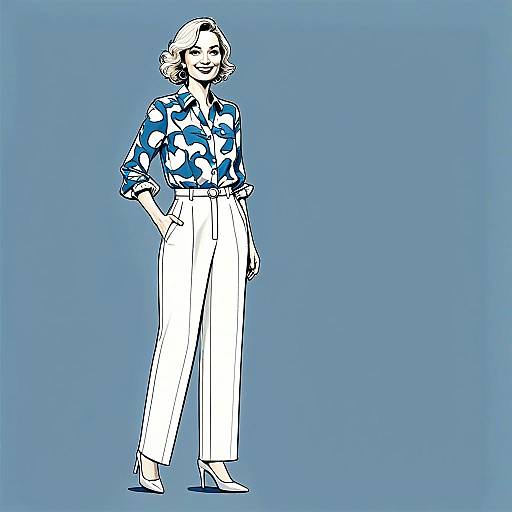 Fashion Illustration of Woman in Blue Patterned Blouse and White Trousers