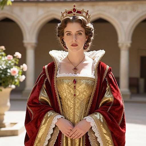 Woman in Renaissance Royal Costume with Crown and Jewelry