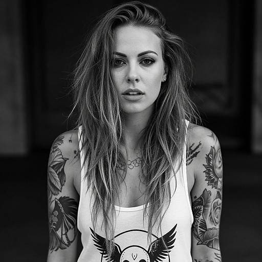 Black and White Portrait of Tattooed Woman with Long Hair in Graphic Tank Top