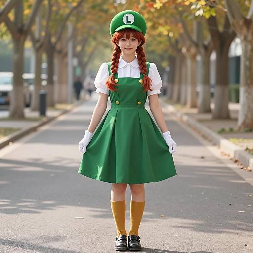 Young Woman in Green Retro Dress with L Beret on Autumn Street