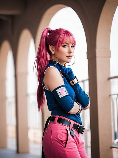 Stylish Woman with Pink Hair in Blue Top and Pink Pants at Archway