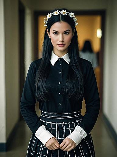 Elegant Woman in Black and White Costume with Floral Headband