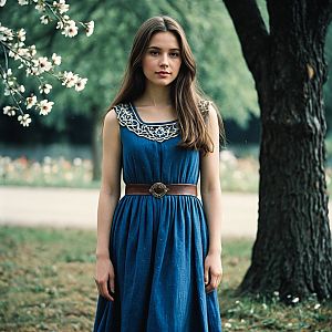 Young Woman in Blue Dress by Blossoming Tree