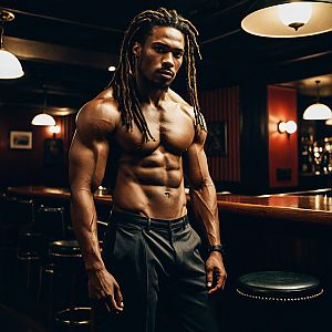 Muscular Man with Dreadlocks in Bar