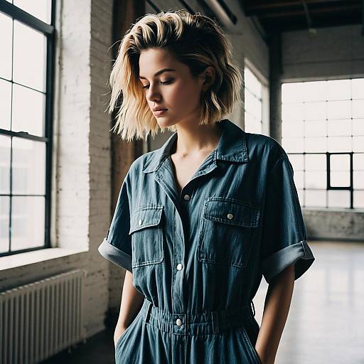 Young Woman in Blue Jumpsuit Standing by Industrial Loft Windows