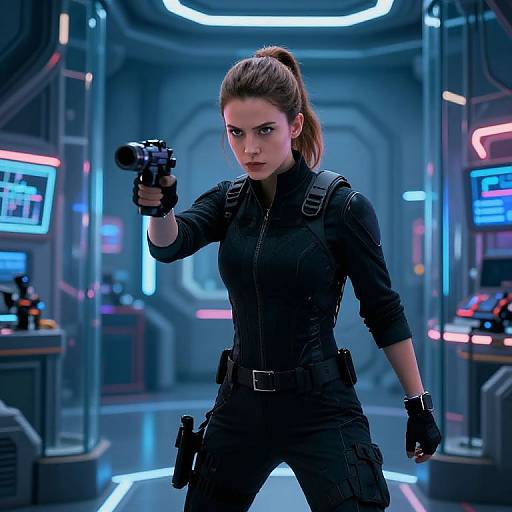 Futuristic Woman Aiming Gun in Sci-Fi Tactical Suit
