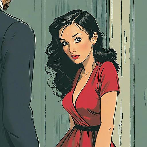 Comic Style Illustration of Woman in Red Dress with Expressive Eyes