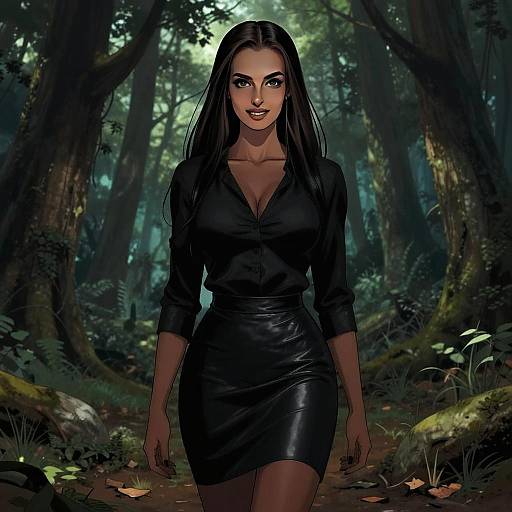 Confident Woman in Black Leather Skirt Walking in Forest - Digital Art Illustration