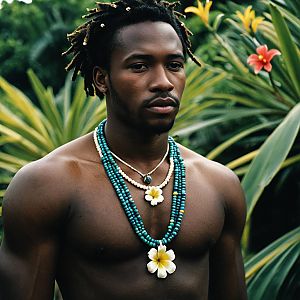 Dark-skinned man with dreadlocks in tropical foliage