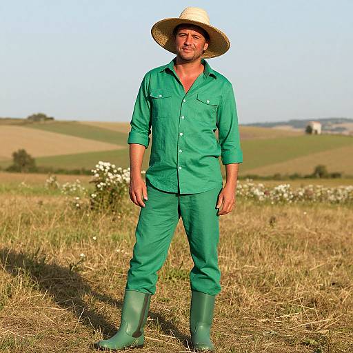 Man in Green Farming Attire with Straw Hat in Rural Field