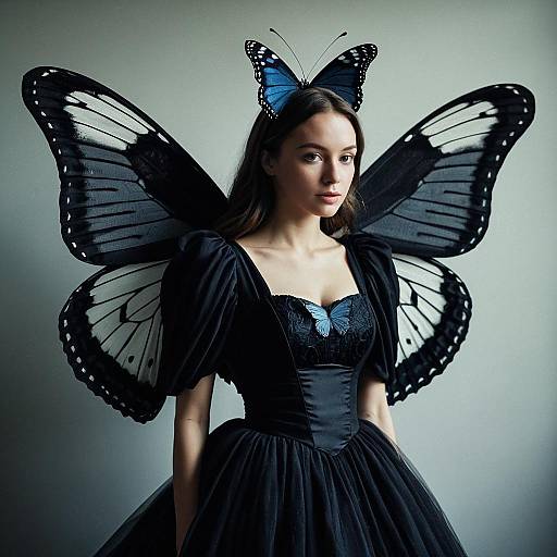 Elegant Woman in Black Dress with Large Butterfly Wings Costume
