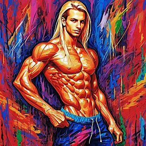 Muscular Man with Blonde Hair in Abstract Art