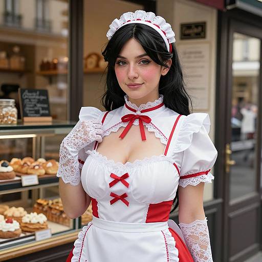 Woman in White and Red Maid Cosplay Costume Outside Bakery