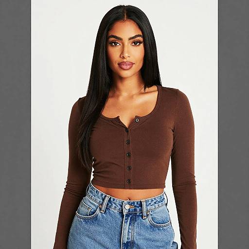 Woman Wearing Brown Crop Top with Jeans Casual Fashion