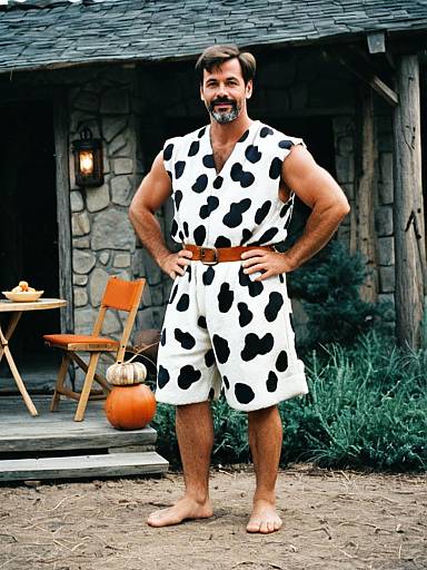 Man Wearing Homemade Fred Flintstone Costume Outdoors in Rustic Setting