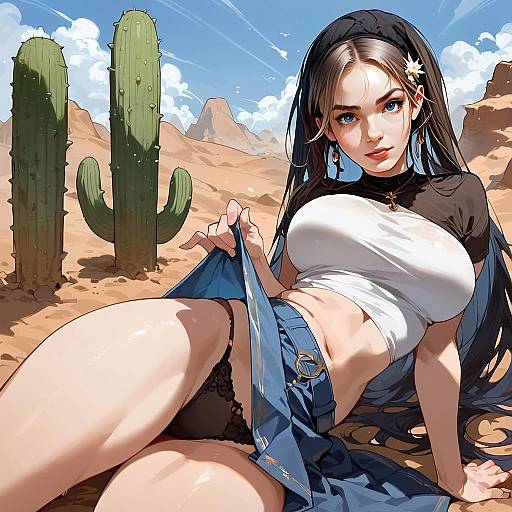 Anime Woman in Desert with Cacti Digital Illustration