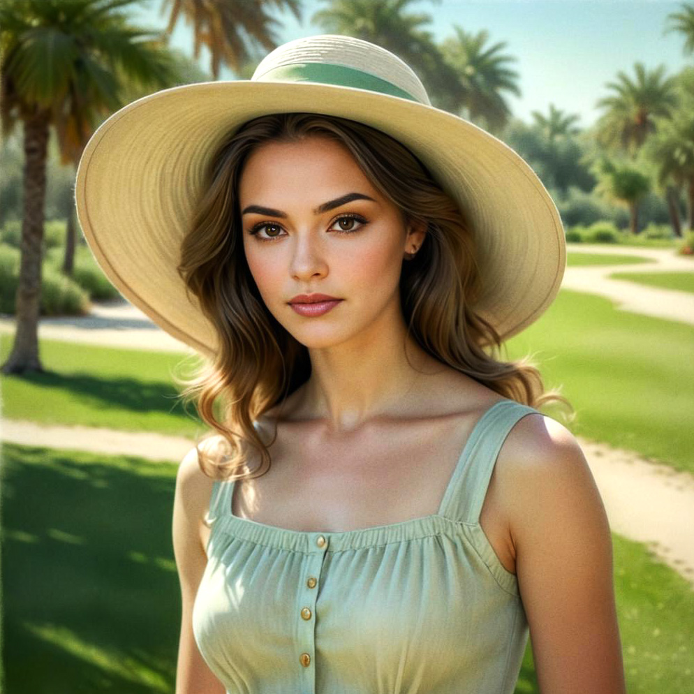 Beautiful Woman in Sun Hat by Palm Trees