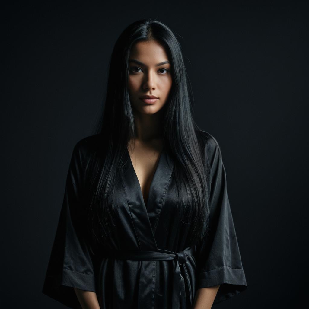Elegant Woman in Black Satin Robe Portrait on Dark Background Elegant Woman in Black Satin Robe Portrait on Dark Background