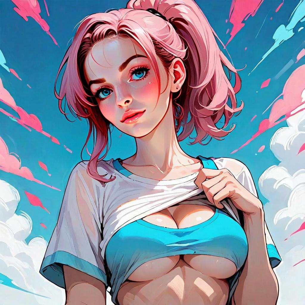Anime Style Pink-Haired Woman in Blue Sports Bra Against Sky