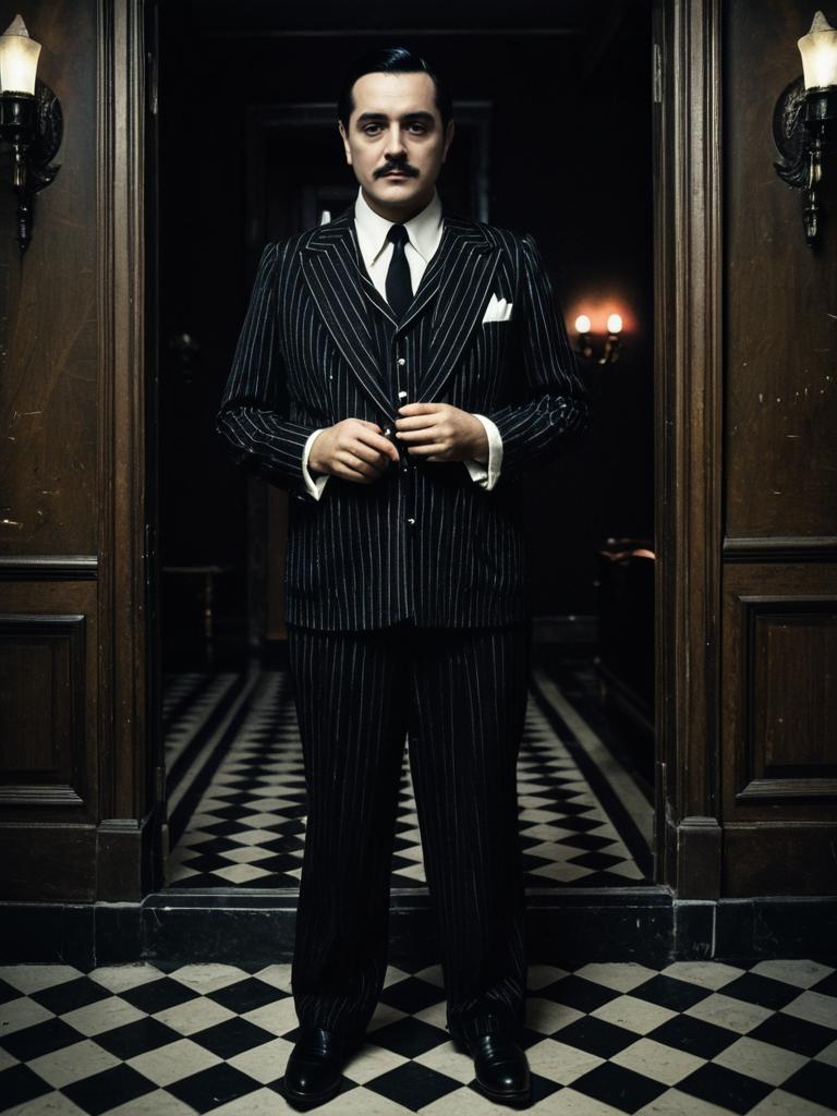 Man in Classic Gomez Addams Costume Full Body Cosplay in Dark Mansion