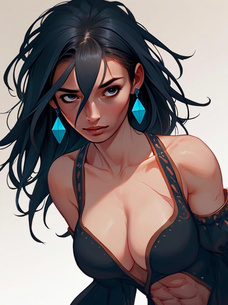 Stylized digital artwork of a confident woman with blue geometric earrings