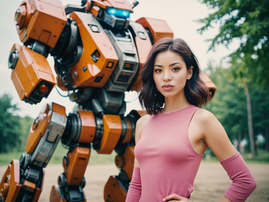 Young Woman Riding Giant Robot in Futuristic Adventure