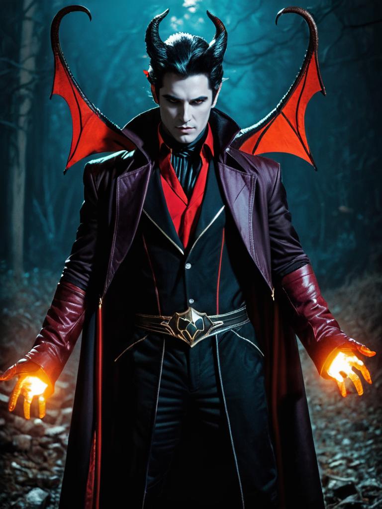 Man in Realistic Mephiles the Dark Cosplay Costume with Horns and Wings