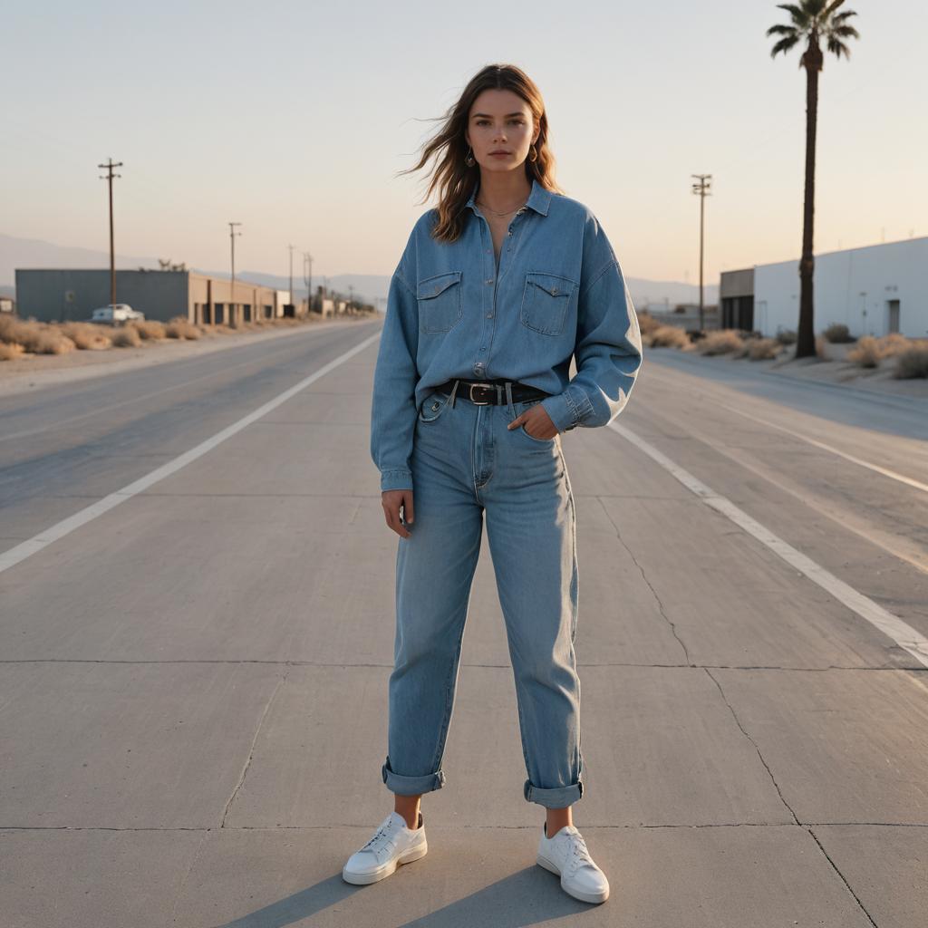 Woman in Denim Outfit Standing on Empty Road at Sunset