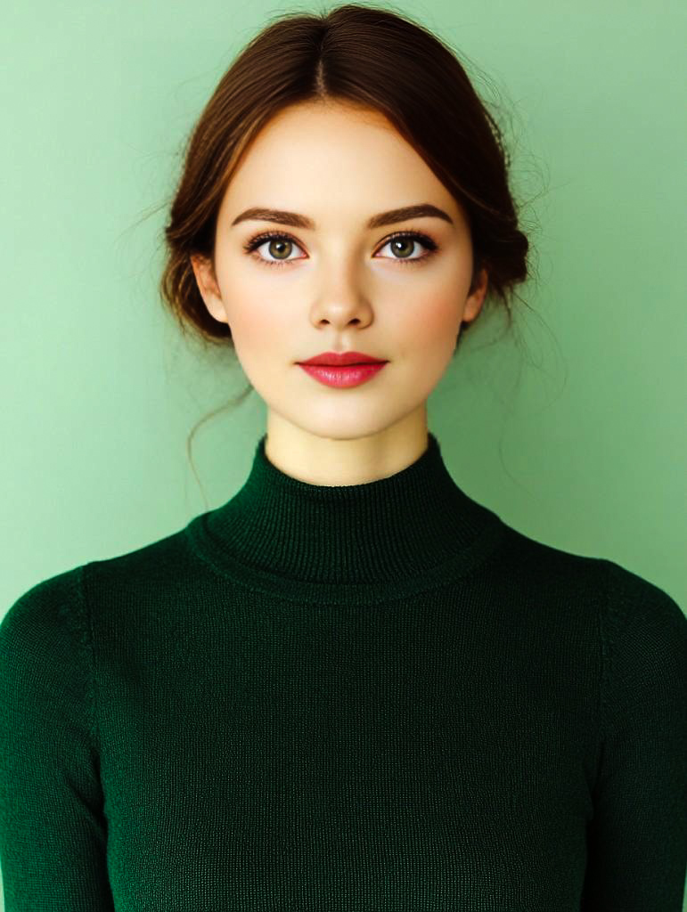 Young Woman in Green Turtleneck Against Soft Green Backdrop