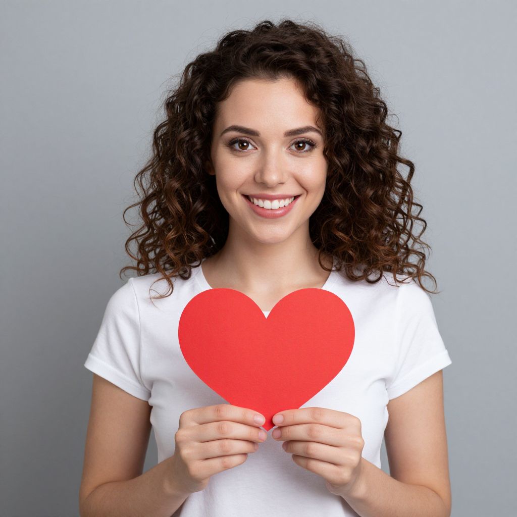 Happy Young Woman Holding Red Paper Heart on Gray Background