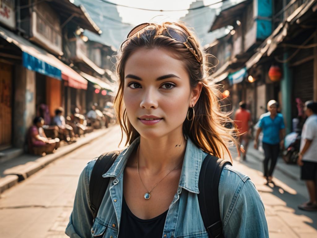 Young Woman in Denim Jacket on Busy Street