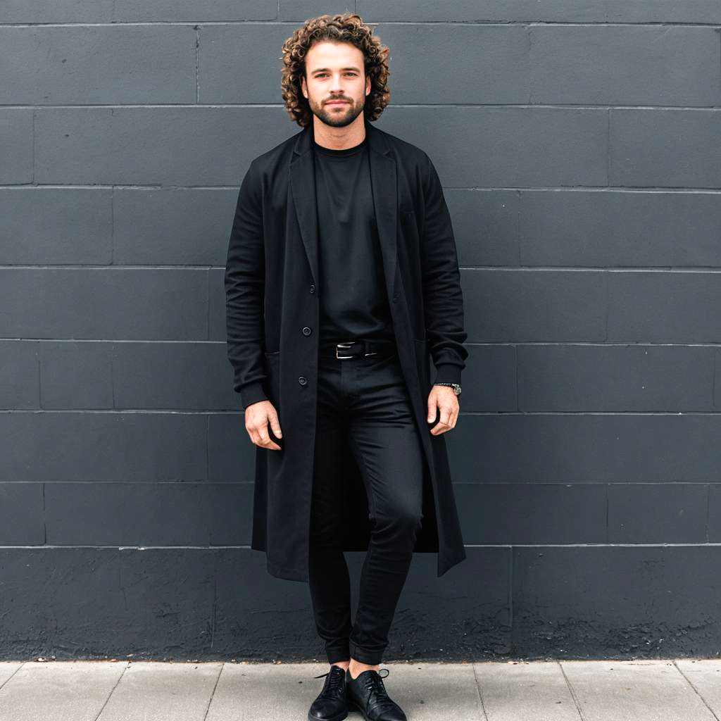 Stylish Man in All-Black Outfit Against Gray Wall