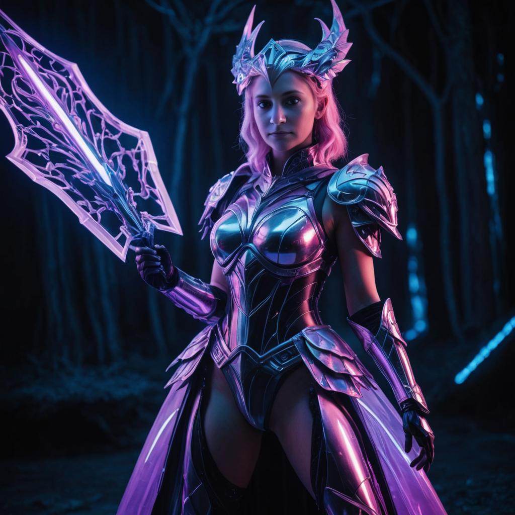 Woman in Fantasy Armor with Luminescent Wing Shield in Dark Forest