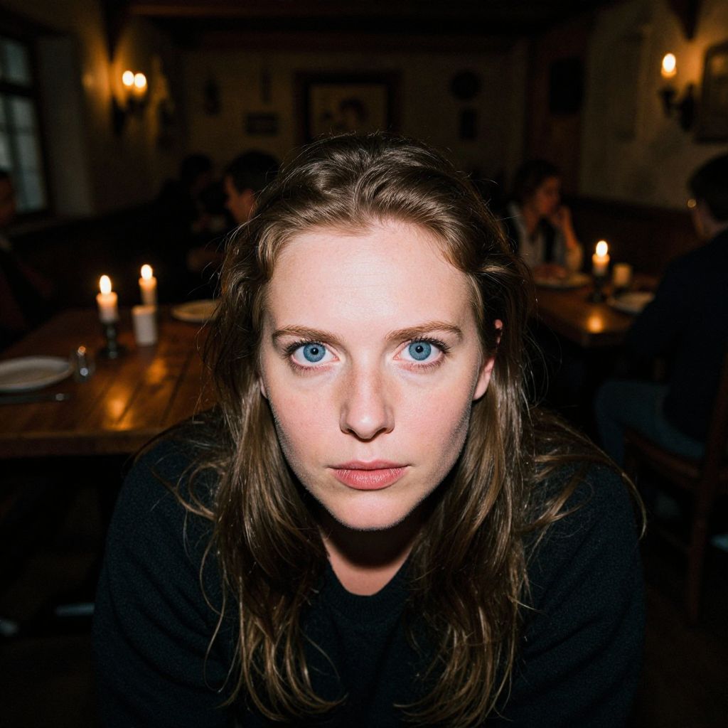 Close-Up Portrait of Woman with Blue Eyes in Cozy Rustic Restaurant