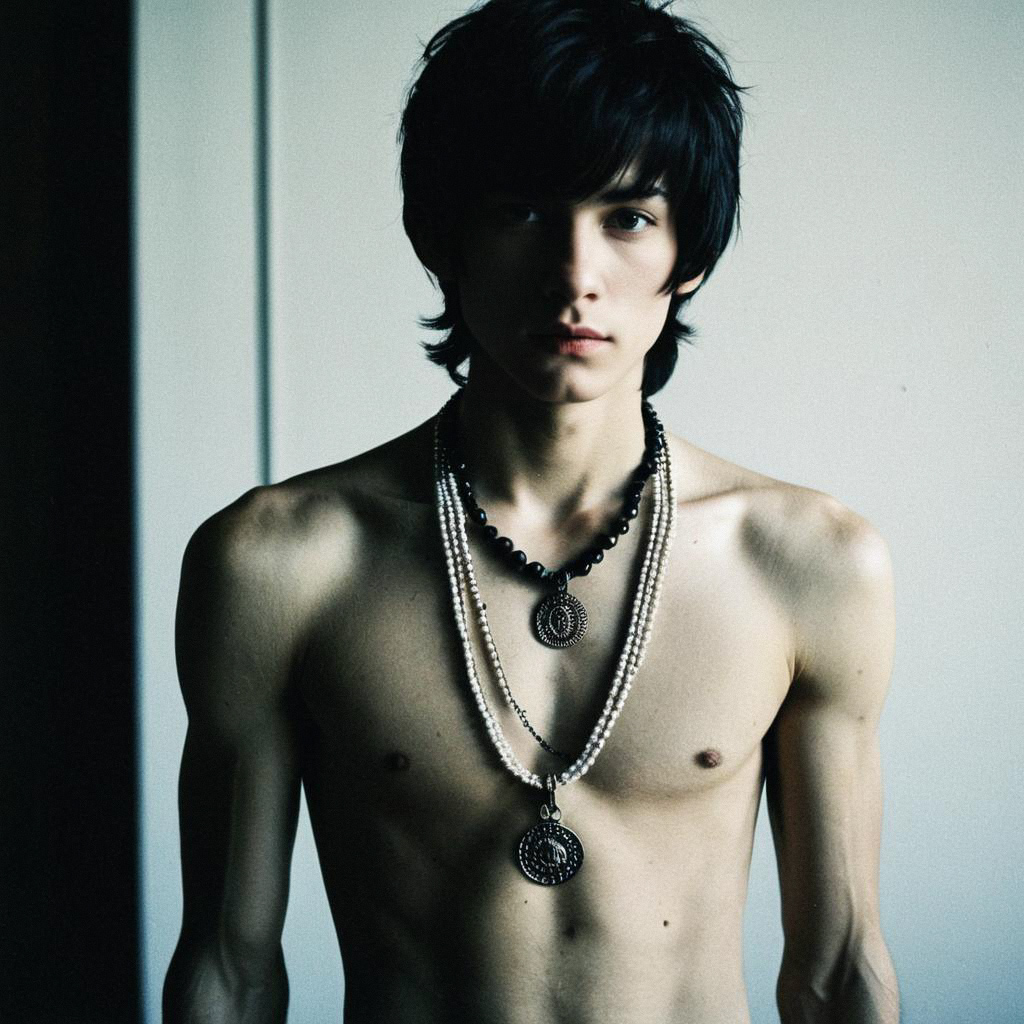 Shirtless Young Man with Layered Necklaces Shirtless Young Man with Layered Necklaces